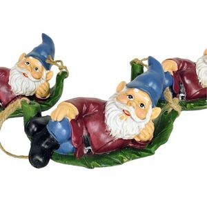 Garden Gnome Hanging in a Leaf Hammock Figurine 8" Outdoor Figurine Decor NEW